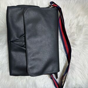 Black Men's Messenger Bag with Striped Shoulder Strap